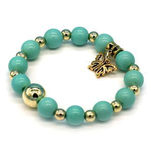 Bracelet Turquoise Gold Beads Antiqued Gold Butterfly Charm. OS.